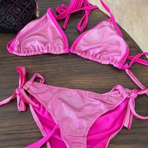 Hot Pink Metallic Triangle Bikini Set